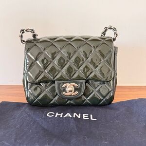 Chanel mini Square Classic Flap in Navy Patent with Silver Hardware